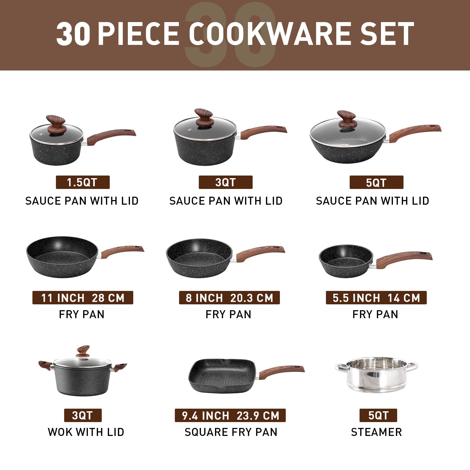 30-Piece Kitchen Granite Cookware and Bakeware Set, Cooking Pans Set Non-Stick Pots and Pans Set
