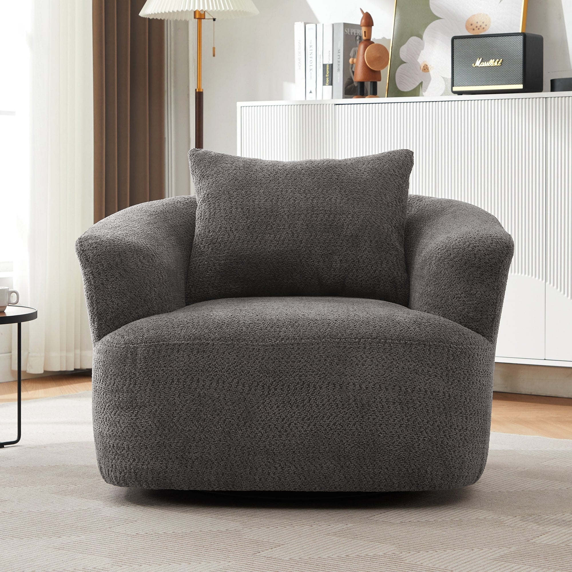 360° Swivel Chair, 38.2 Boucle Accent Chair with Throw Pillow, Upholstered Barrel Sofa Chair with Curved Armrests