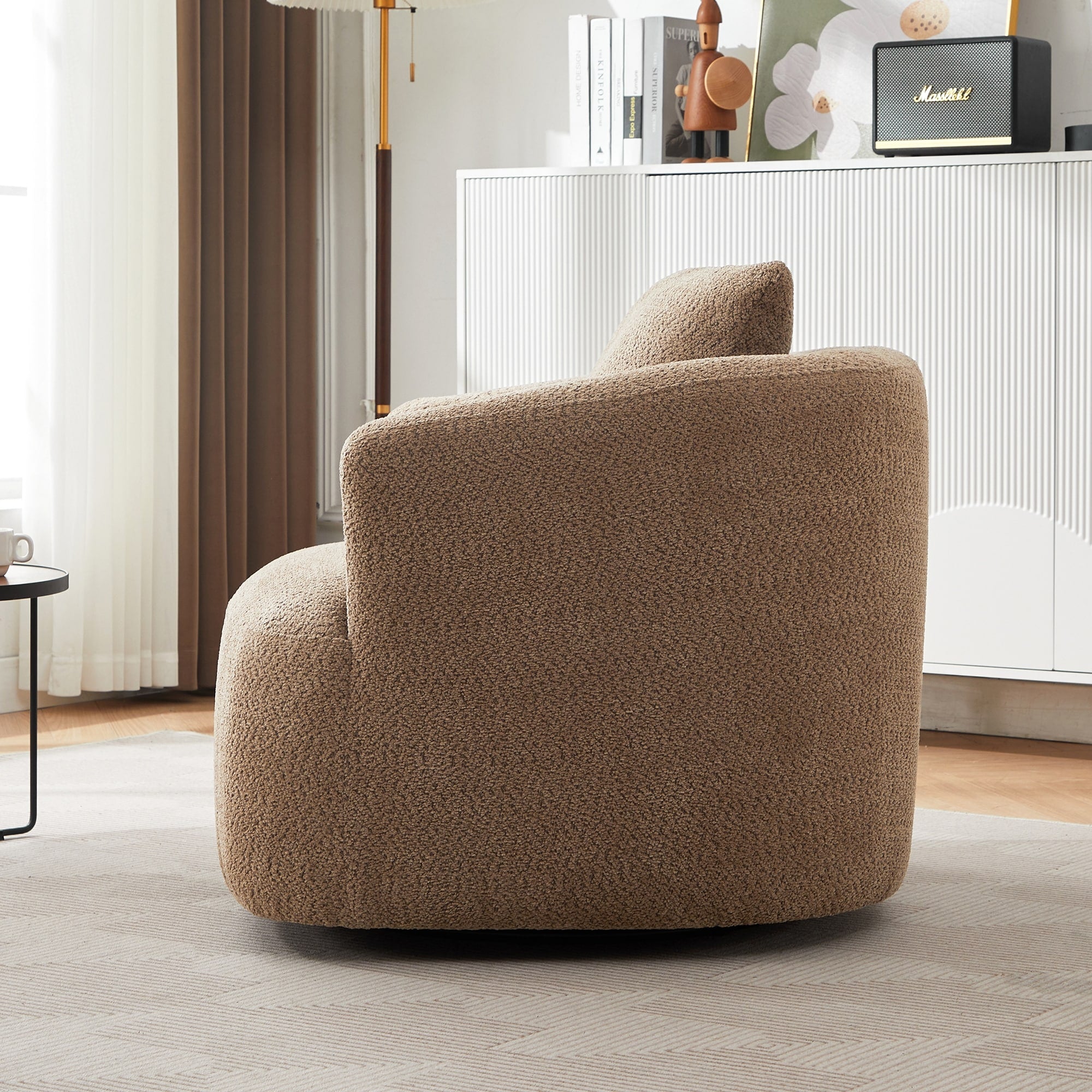 360° Swivel Chair, 38.2 Boucle Accent Chair with Throw Pillow, Upholstered Barrel Sofa Chair with Curved Armrests