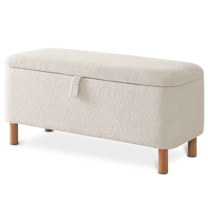 39.5 Off White Boucle Storage Ottoman Bench Sherpa Storage Bench Ottoman Foot Rest End of Bed for Living Room Bedroom,Wood Leg