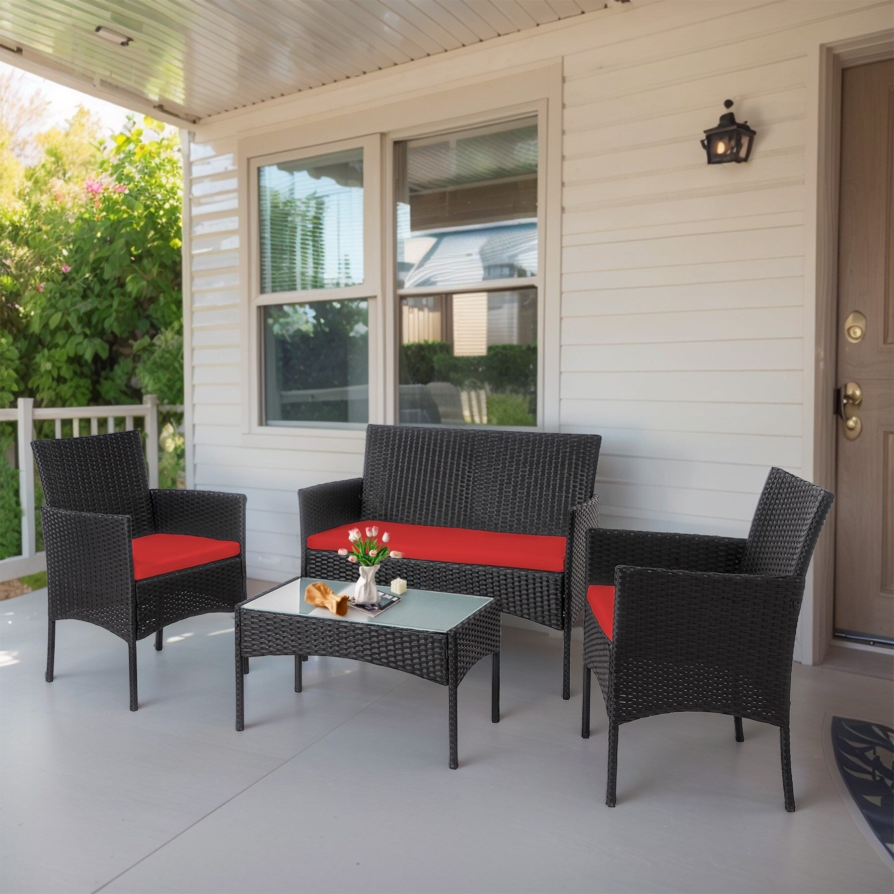 4 Piece Patio Conversation Wicker Furniture Set, Outdoor Rattan Sectional Furniture Set With Cushions