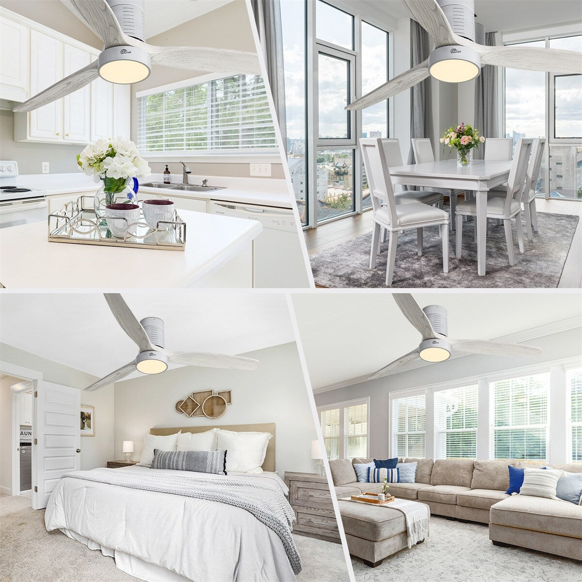 52 Inch Farmhouse Style Flush Mount Ceiling Fan with Light and Remote Control, Reversible DC Motor