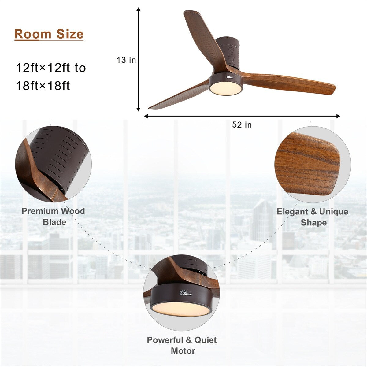 52 Inch Farmhouse Style Flush Mount Ceiling Fan with Light and Remote Control, Reversible DC Motor