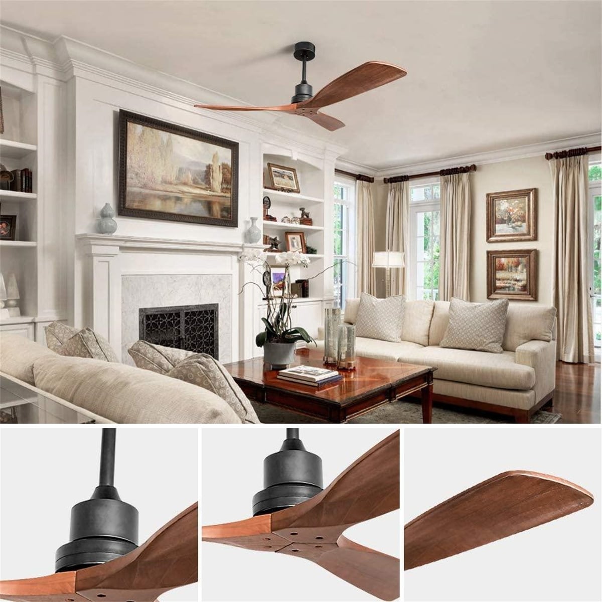 52 inch Modern Solid Wood / ABS Ceiling Fan With Remote Control(No Light),6 WInd Speed,Reversible Airflow