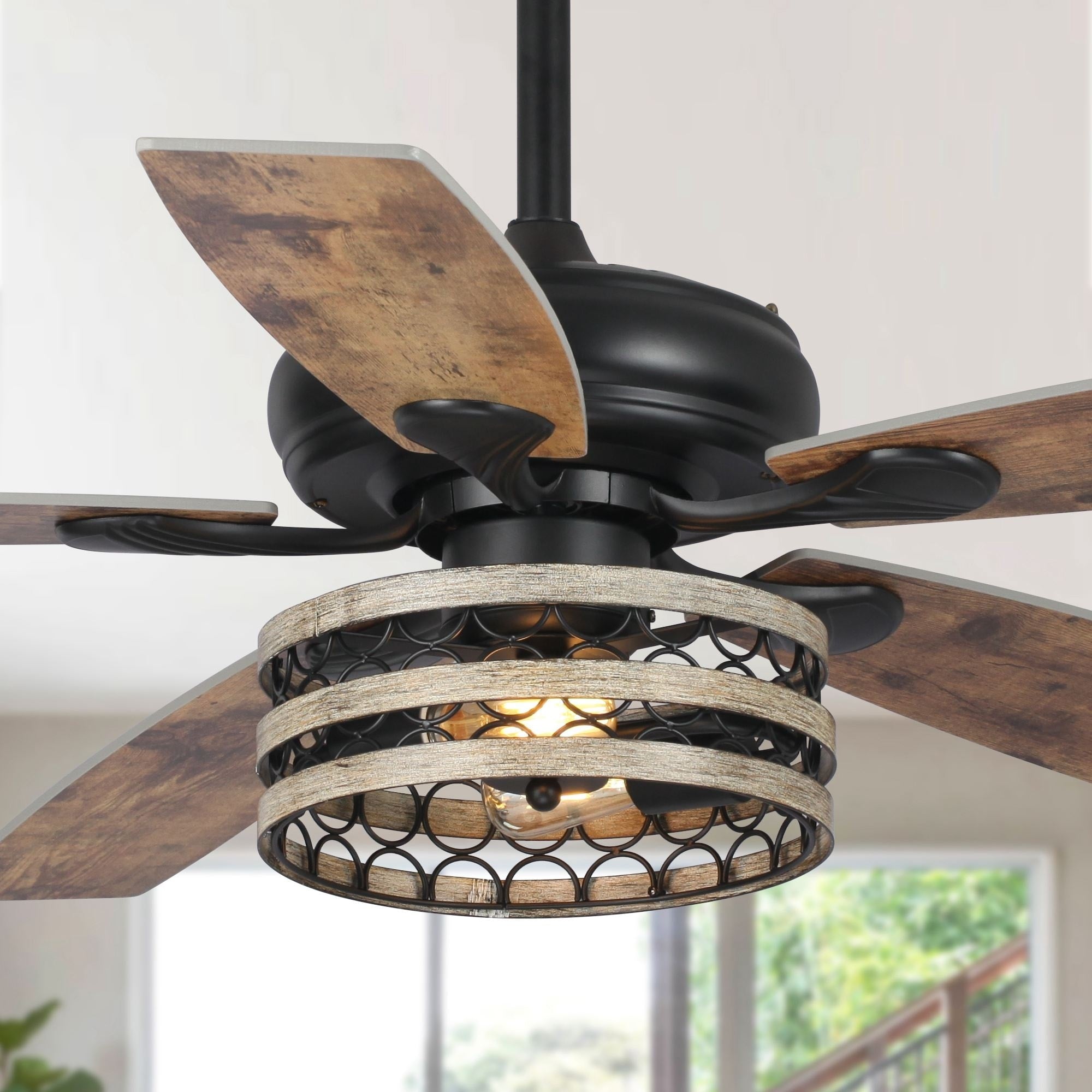52 Farmhouse Driftwood 5-Blade Black Caged Ceiling Fan with Remote