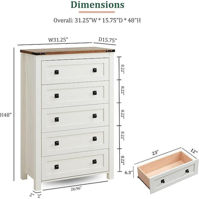 48 Tall Farmhouse 5 Drawer Wood Dresser, Chest of Drawers for Bedroom