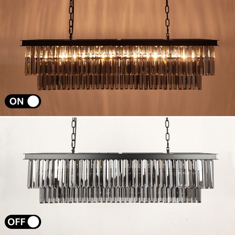 47 in. Smoked Gray and Black Modern Contemporary Crystal Chandelier 2-Tier Linear Kitchen Island Pendant Light for Dining Room