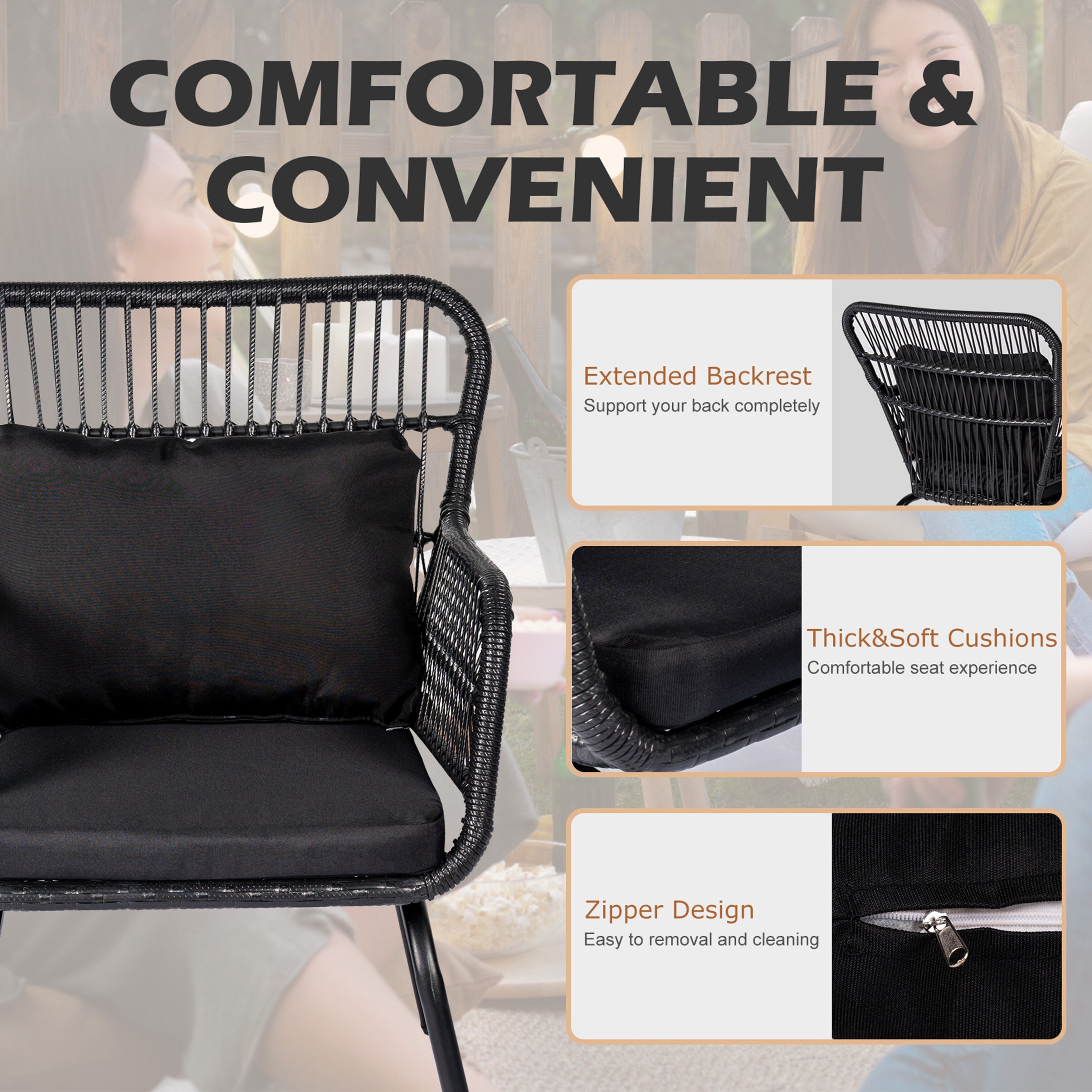 3 Piece Outdoor Wicker Conversation Bistro Set, All-Weather Rattan Furniture Patio Chairs Set with Cushions