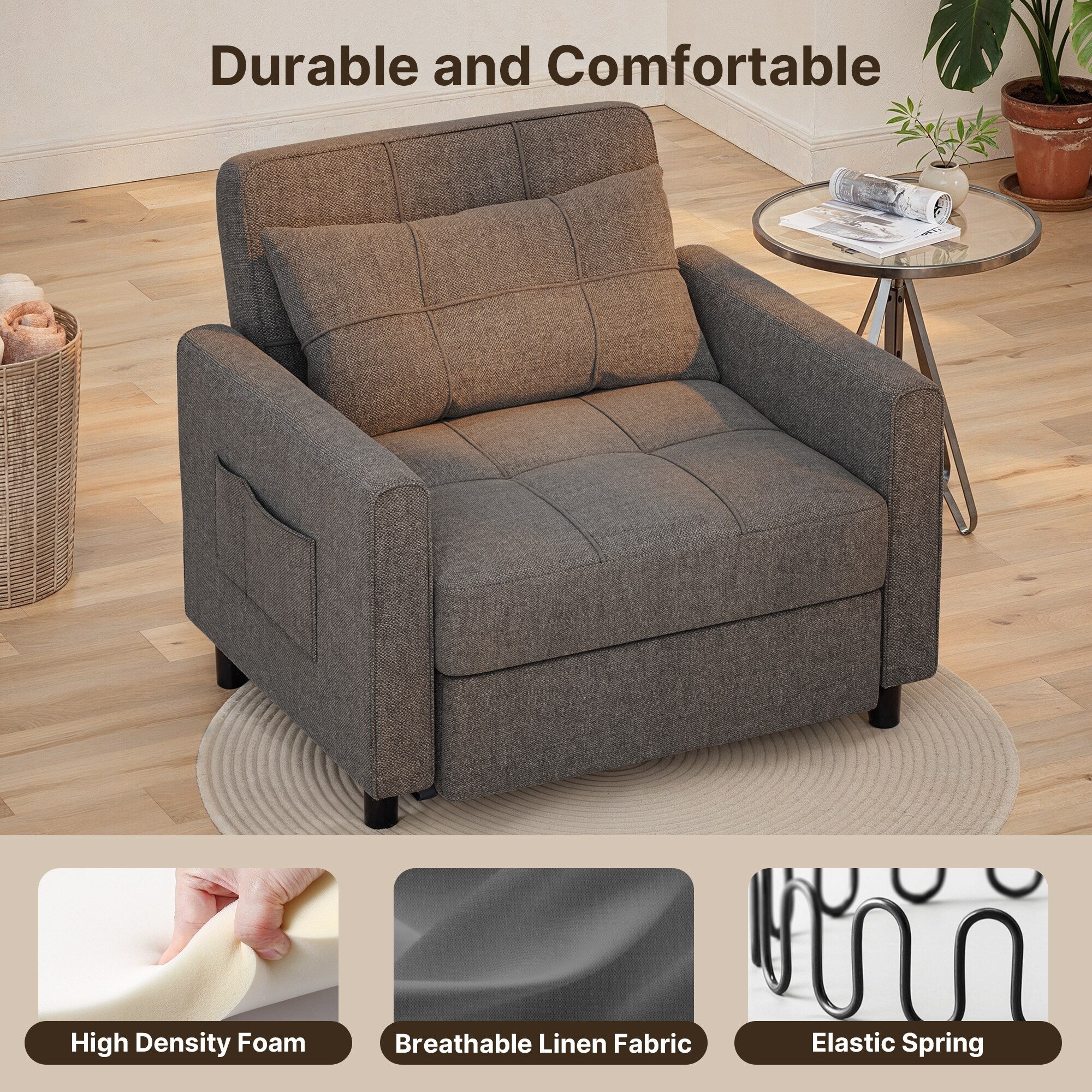 3-in-1 Pull-Out Sofa Bed Sleeper Chair , Convertible Adjustable Foldable Upholstered Lounge Couch