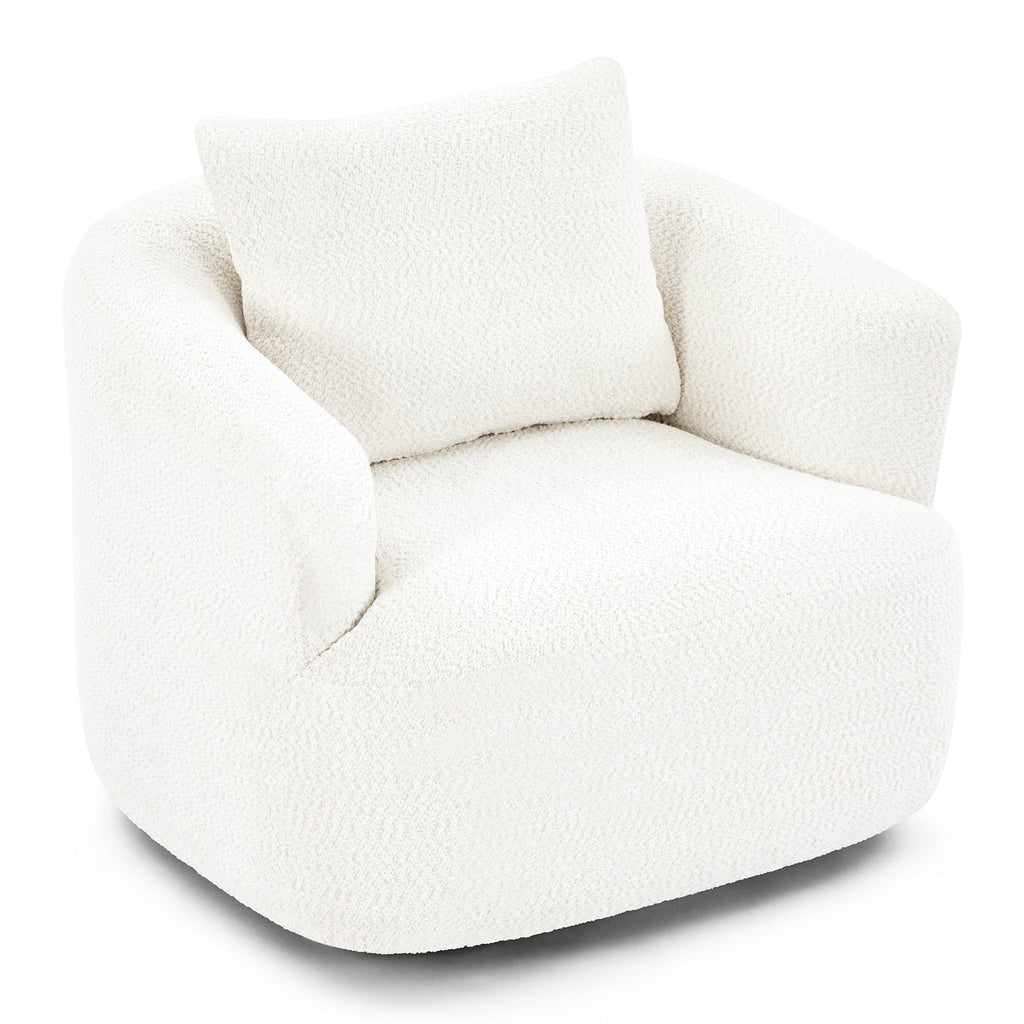 360° Swivel Chair, 38.2 Boucle Accent Chair with Throw Pillow, Upholstered Barrel Sofa Chair with Curved Armrests
