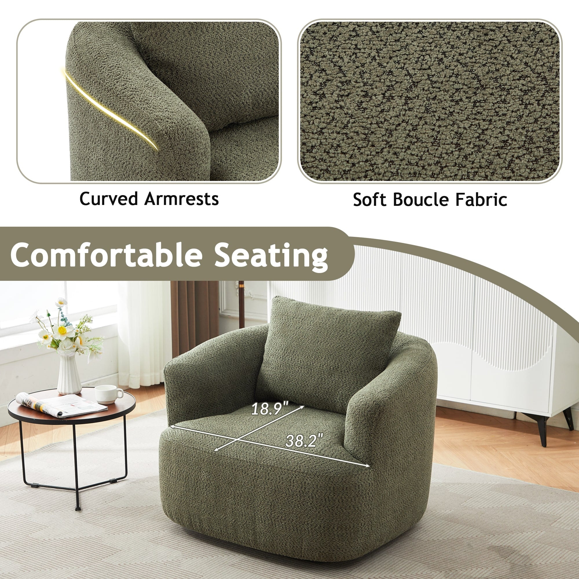 360° Swivel Chair, 38.2 Boucle Accent Chair with Throw Pillow, Upholstered Barrel Sofa Chair with Curved Armrests