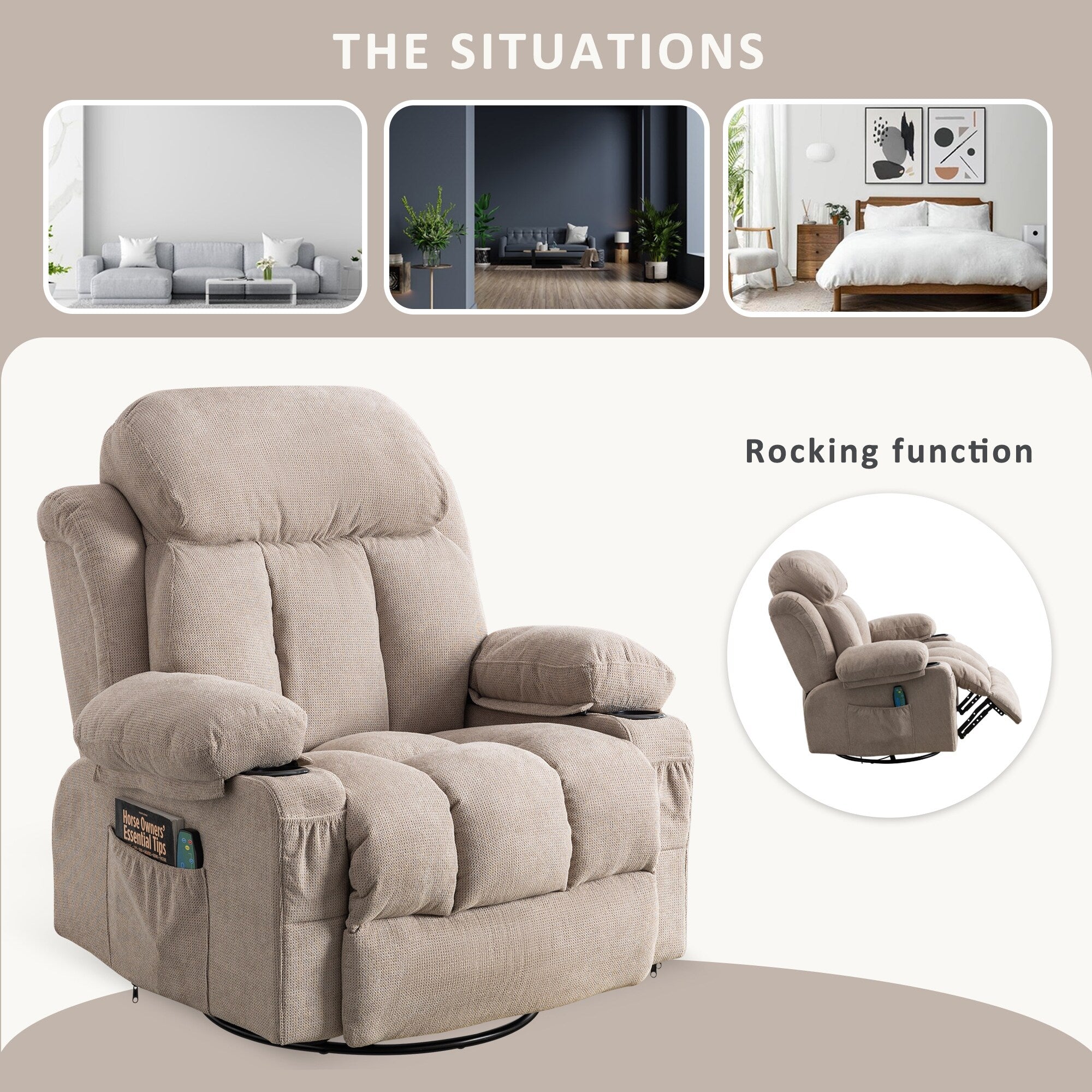 360° Swivel Recliner Chair with Massage, Heat, USB, and Cup Holders