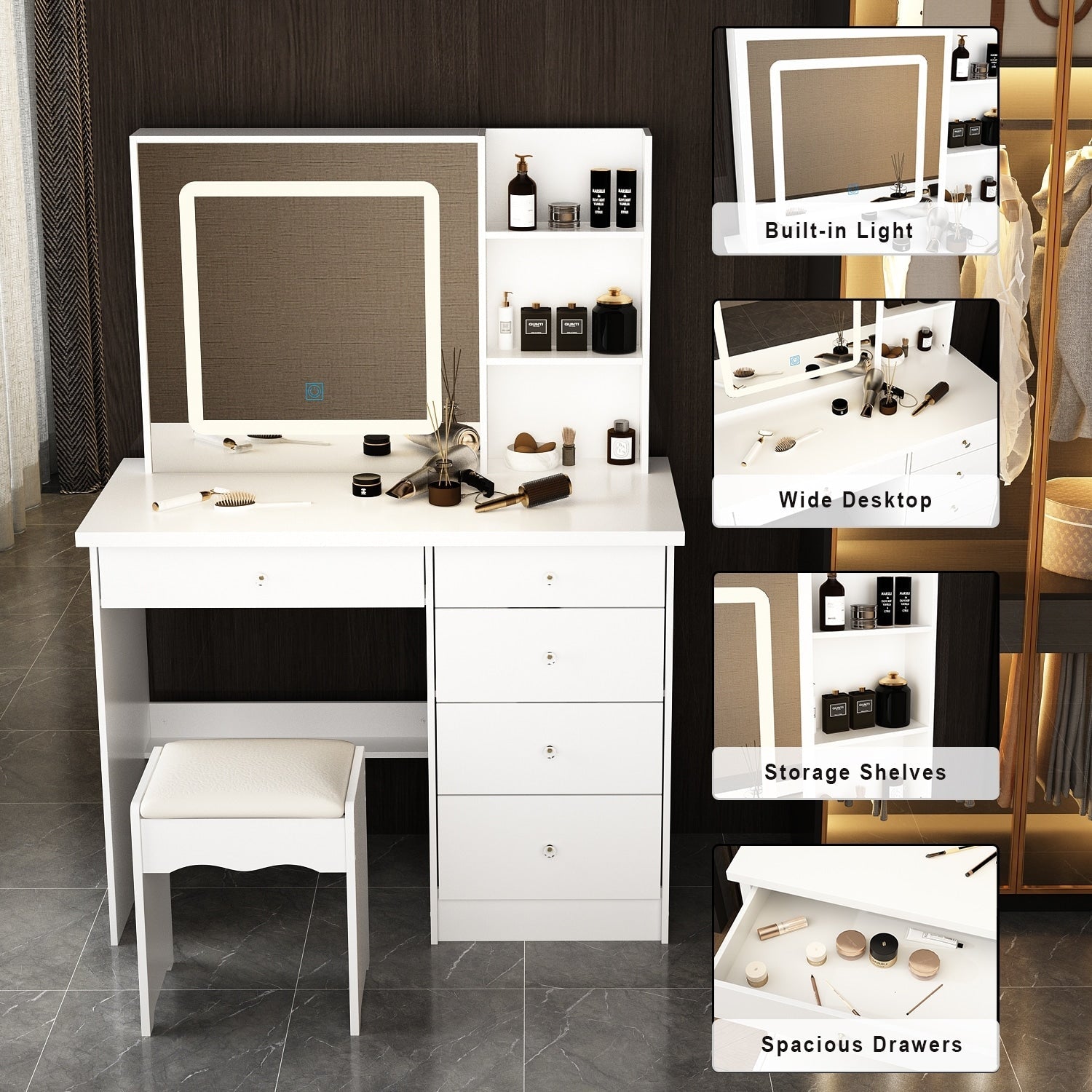 39.4'' W Dresser Makeup Vanity Set with Stool and Mirror Room