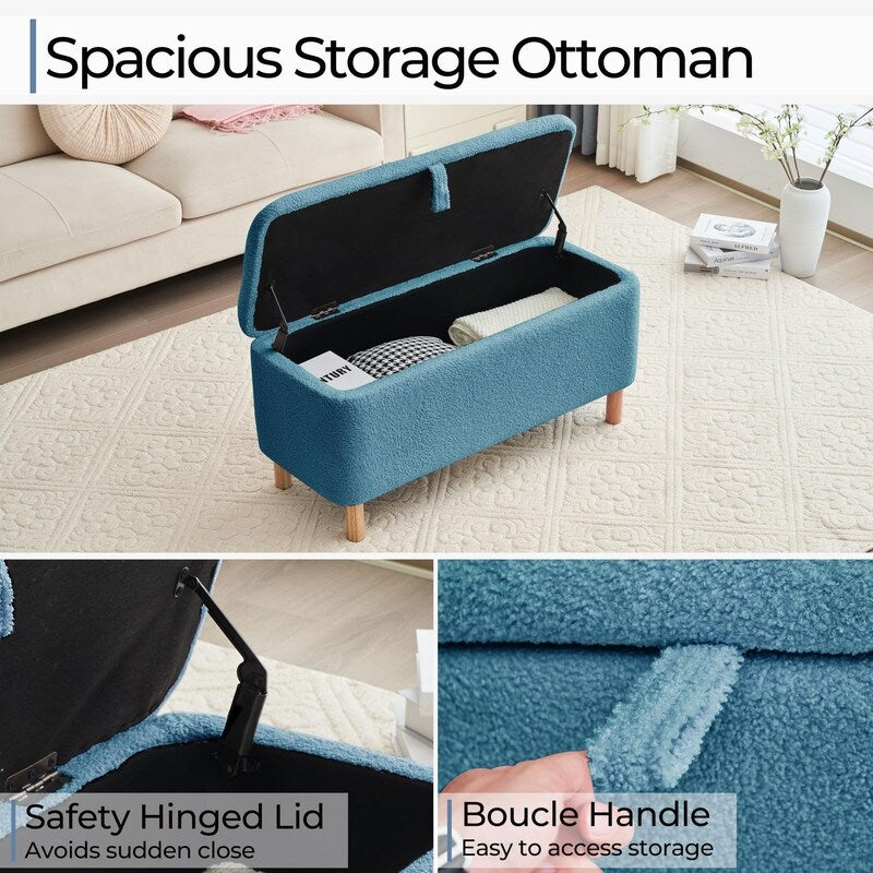 39.5 Off White Boucle Storage Ottoman Bench Sherpa Storage Bench Ottoman Foot Rest End of Bed for Living Room Bedroom,Wood Leg