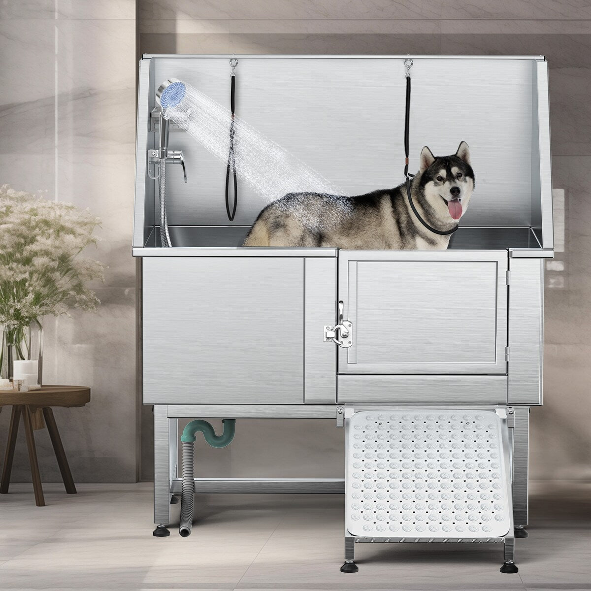 50'' W Stainless Steel Adjustable Pet Grooming Tub with Ramp - Silver