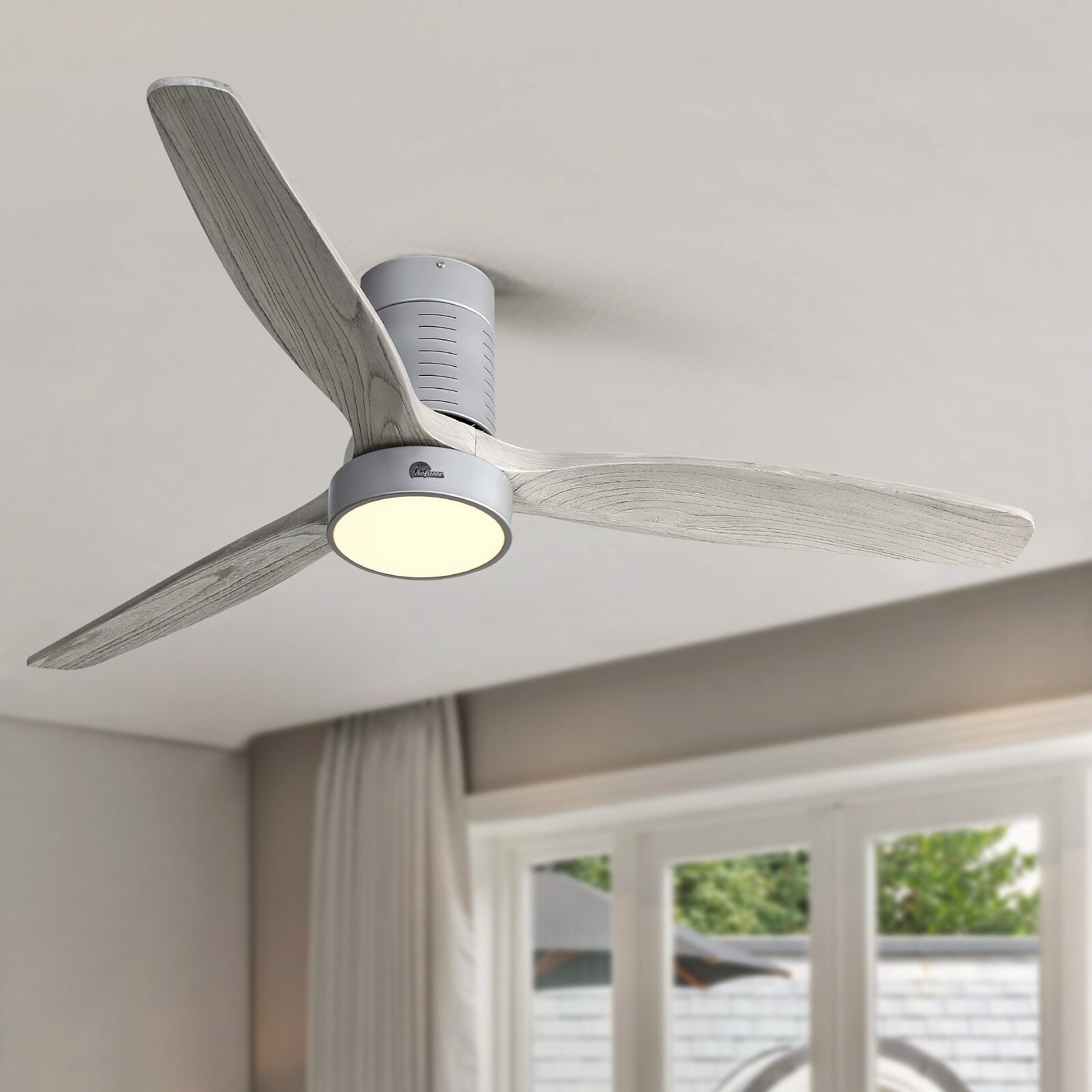 52 Inch Farmhouse Style Flush Mount Ceiling Fan with Light and Remote Control, Reversible DC Motor