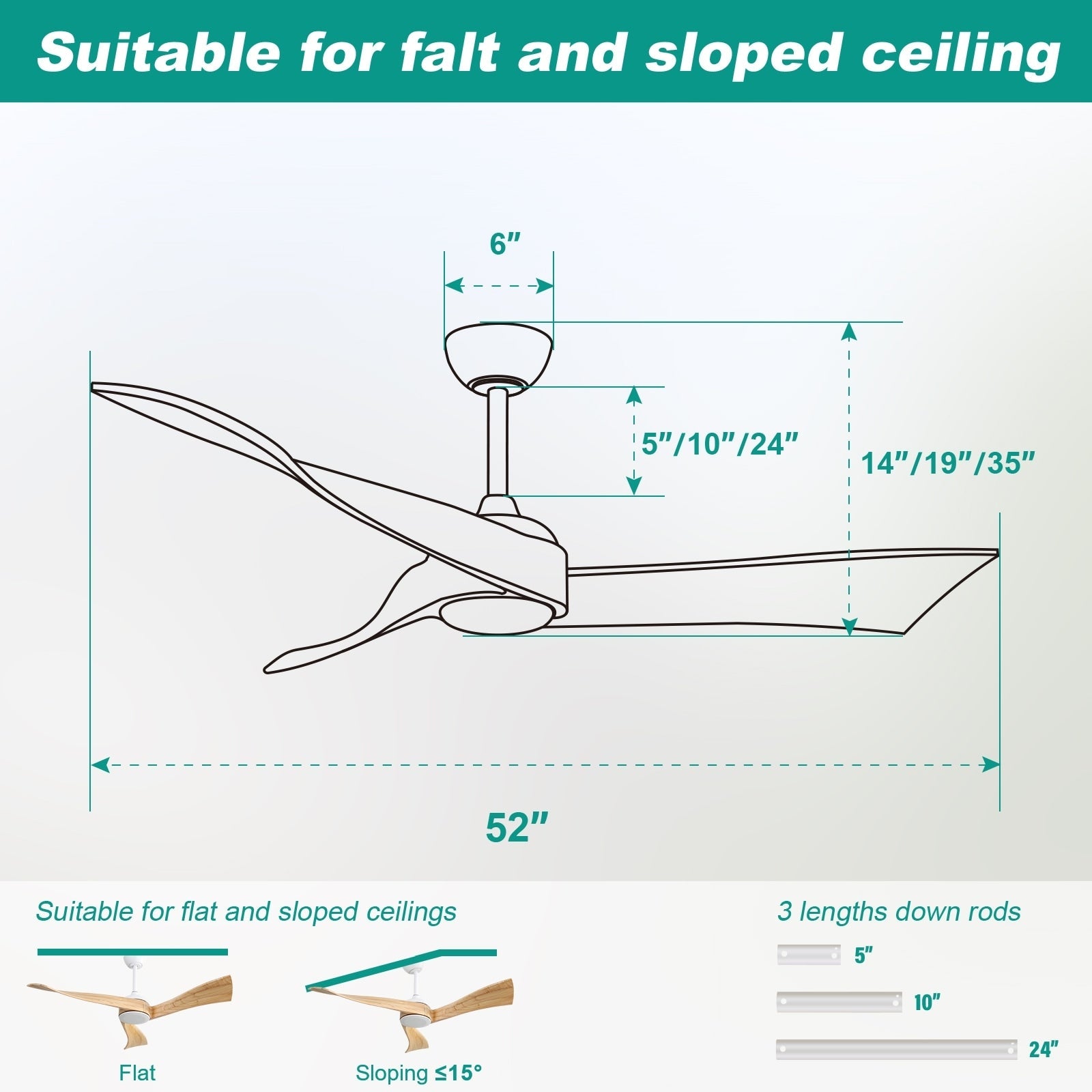 52 inch Modern Solid Wood / ABS Ceiling Fan With Remote Control(No Light),6 WInd Speed,Reversible Airflow